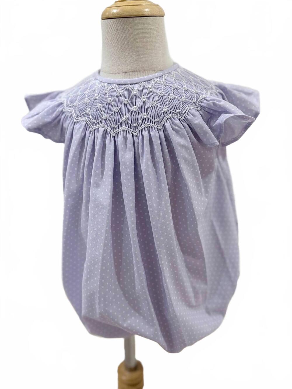 NEW SWEET DREAMS girls cathy polka dot pearl smocked bubble in purple
